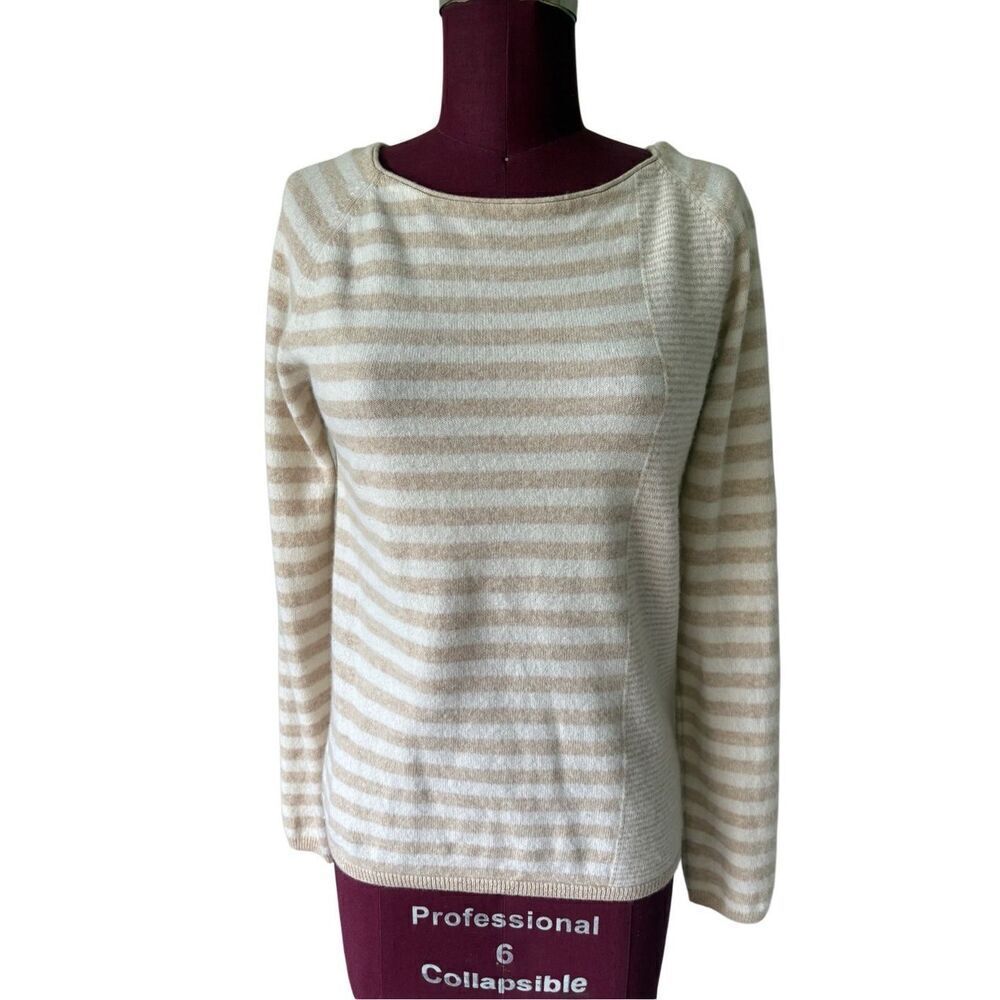 in Cahsmere Large Cashmere Cream Striped Box Neck Long Sleeve Sweater - Picture 1 of 8
